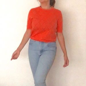 Vintage N. Peal Cashmere Sweater - Diamond Weave Cashmere T-Shirt in Coral